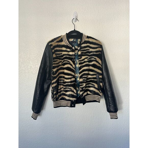 Mother Baseball Faux Fur Snap Jacket Tiger Print Varsity Faux Leather Size XS - Picture 2 of 11